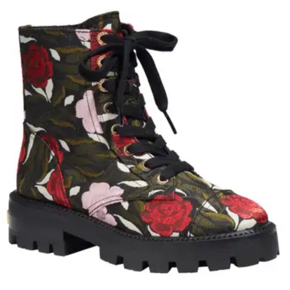 Kate Spade Merritt Lug Boots Rose Brocade Booties BlK Red Pink 7.5 NEW in BOX - Picture 3 of 6